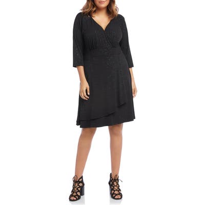 Plus Size Karen Kane Sparkle Knit Faux Wrap Drape Front Dress, Black