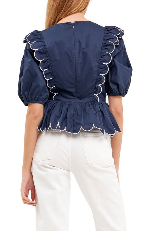 English Factory Contrast Scalloped Trim Cotton Top In Navy/white