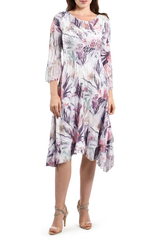 Komarov Floral Slit Shoulder Chiffon & Charmeuse Cocktail Midi Dress in Purple Palm