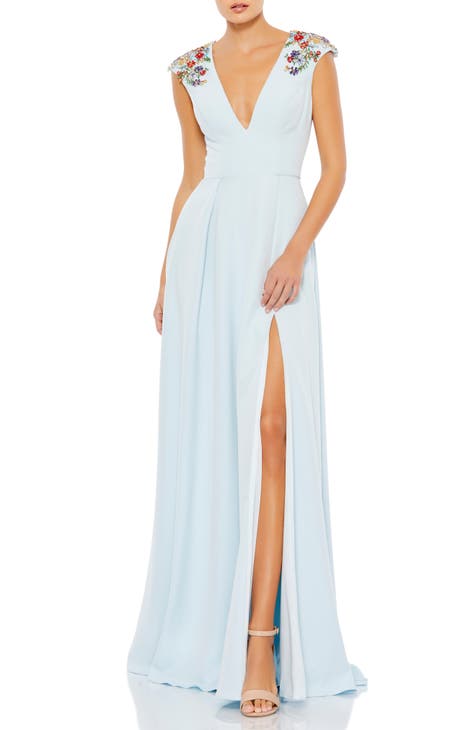 Plunge Neck Empire Waist Beaded Shoulder Gown