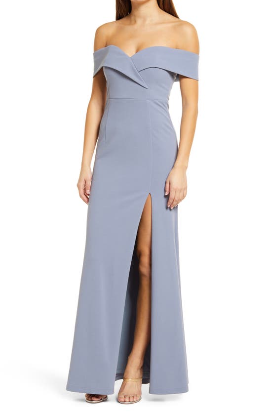 Lulus Song Of Love Off The Shoulder Knit Gown In Blue Grey