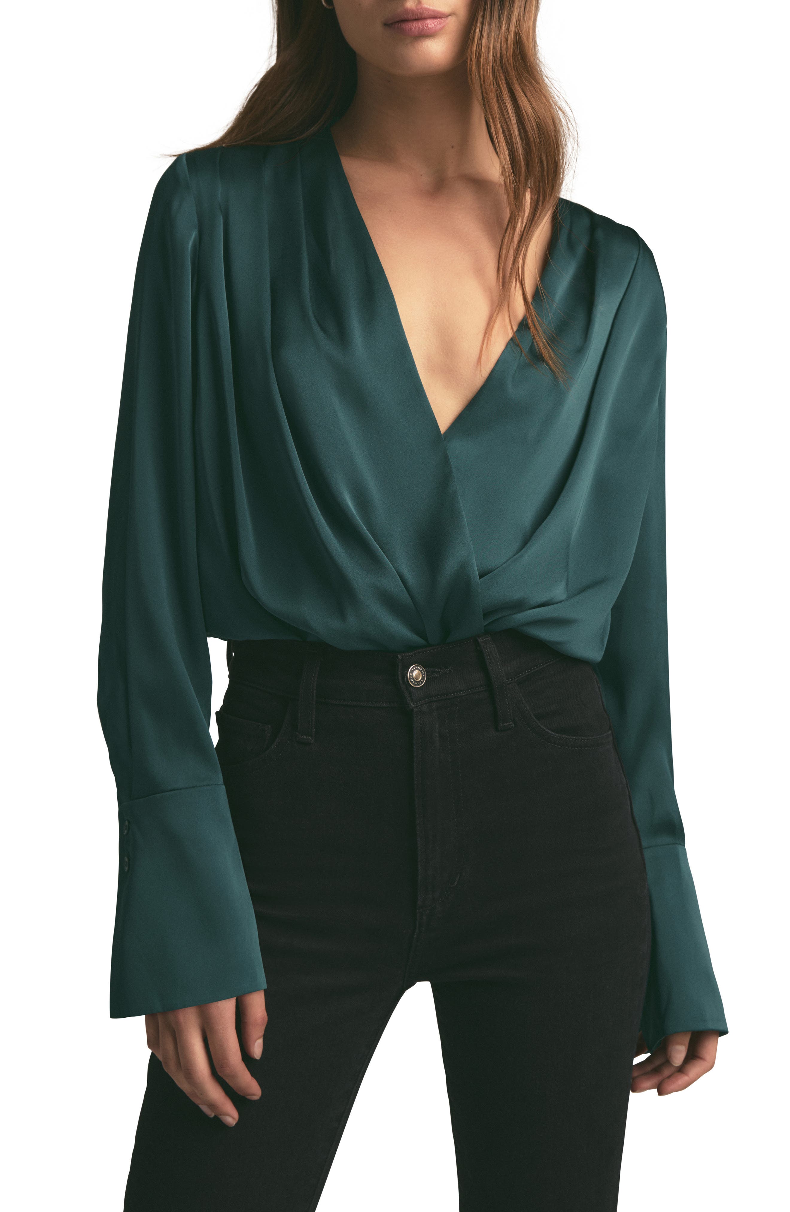 Favorite Daughter Surplice Long Sleeve Satin Bodysuit in Juniper 