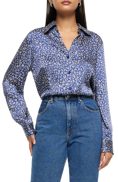 Floral Satin Button-Up Shirt in Blue