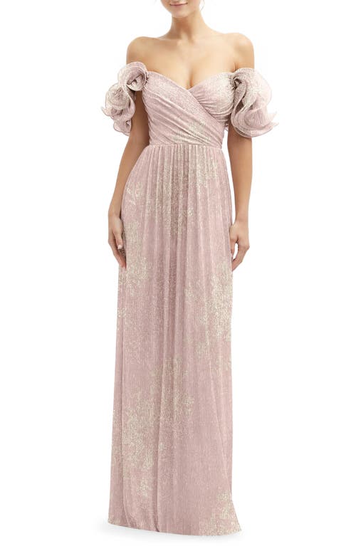Ruffle Off the Shoulder Metallic Column Gown in Pink Gold