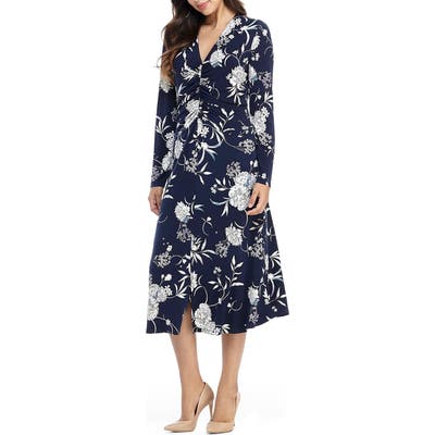 Maggy London Long Sleeve Floral Ruched Jersey Midi Dress, Blue