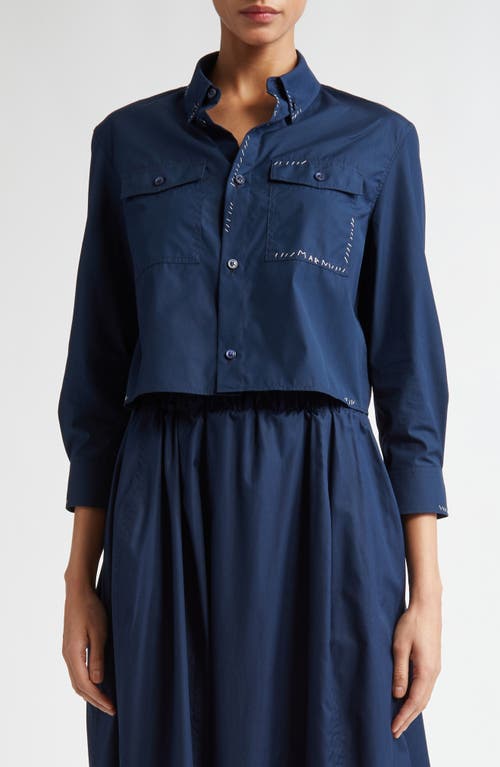 Shop Marni Embroidered Logo Crop Cotton Poplin Button-down Shirt In Light Navy