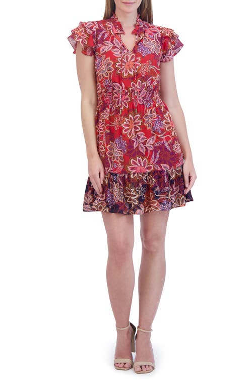 Vince Camuto Floral Ruffle Hem Chiffon Dress Red at Nordstrom,