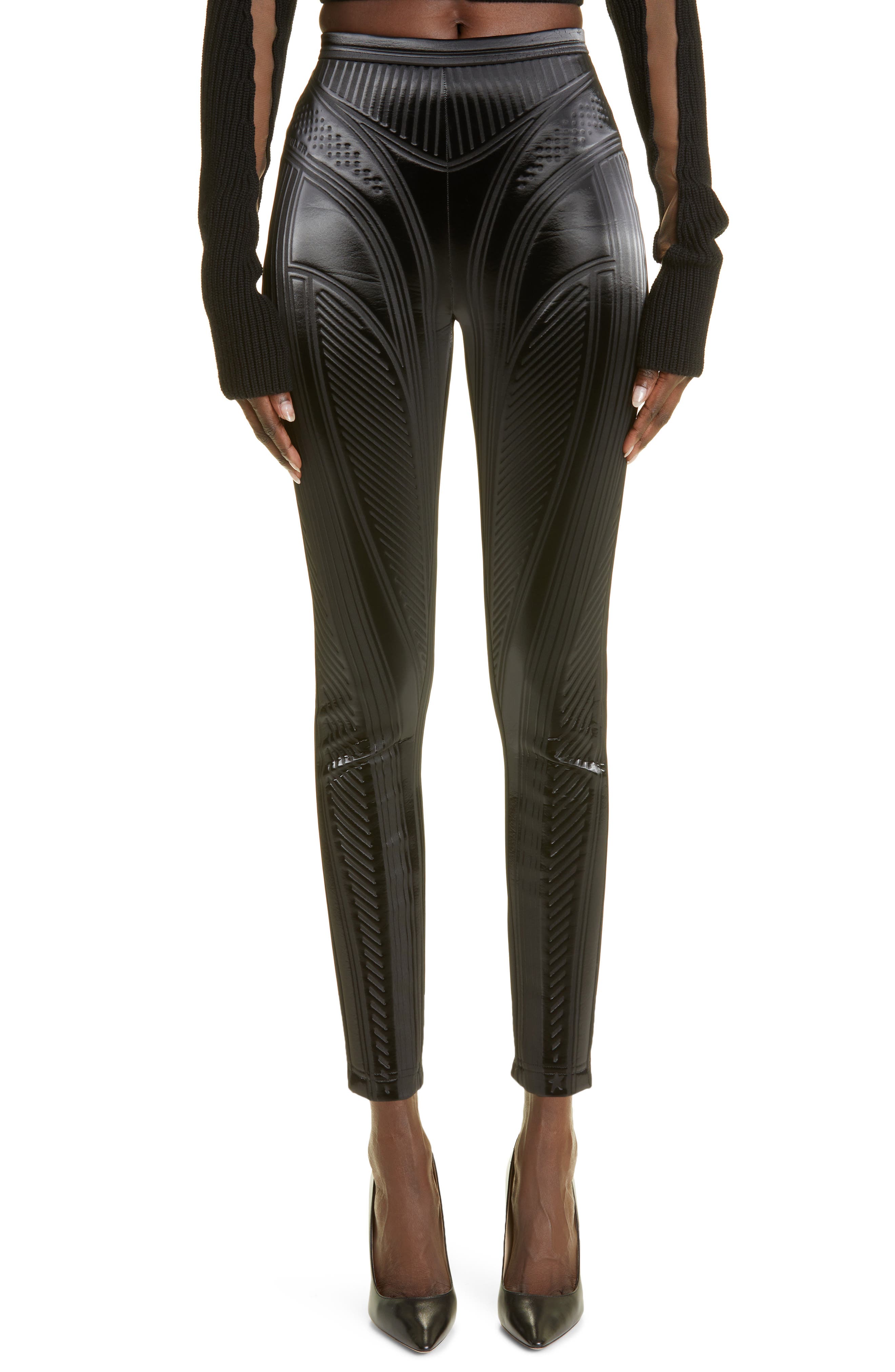 MUGLER Debossed Faux Leather Leggings in Black