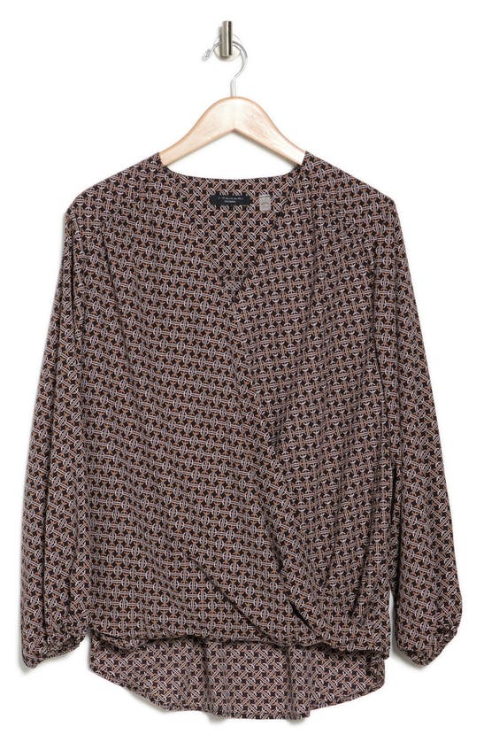 T Tahari Wrap Patterned Blouse In Black Geo Print
