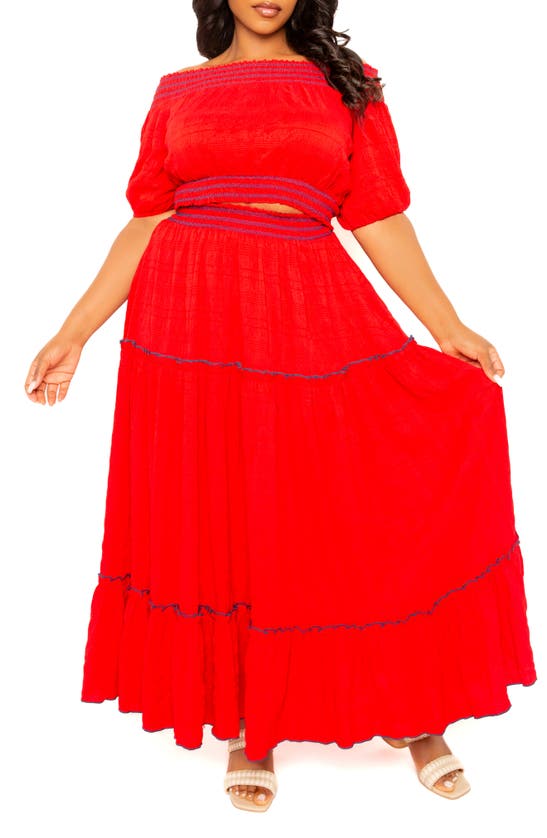 Shop Buxom Couture Smocked Off The Shoulder Puff Sleeve Top & Maxi Skirt Set In Red