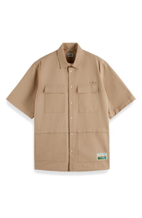 Relaxed Fit Solid Short Sleeve Cotton Utility Shirt in Medium Beige