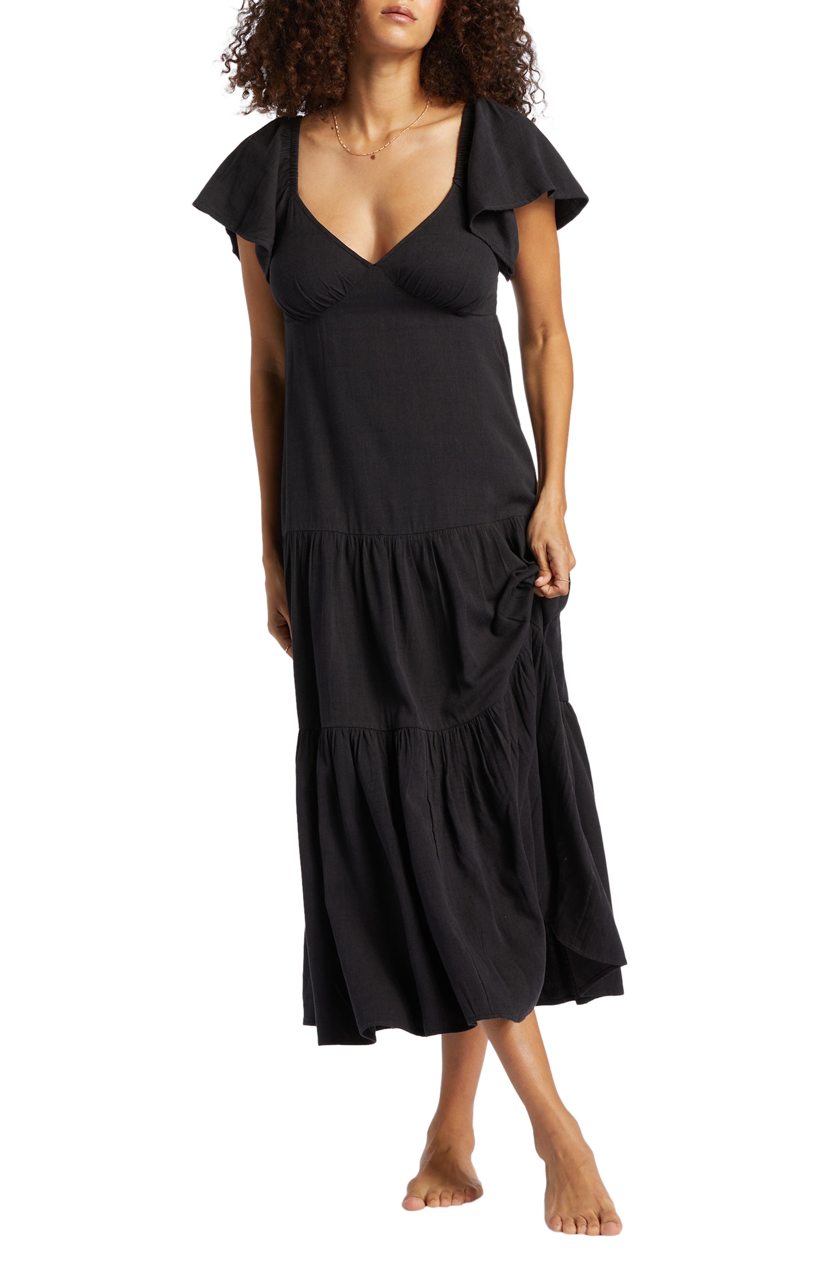 Billabong Last Light Flutter Smart Dress Closet Midi | in Sleeve Pebble Black