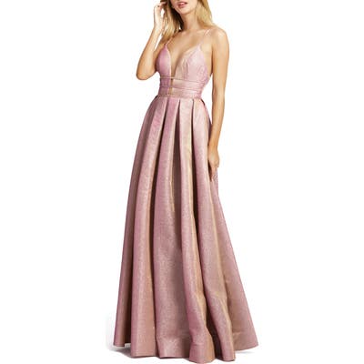 Ieena For MAC Duggal Metallic Plunge Neck Pleated Ballgown, Pink