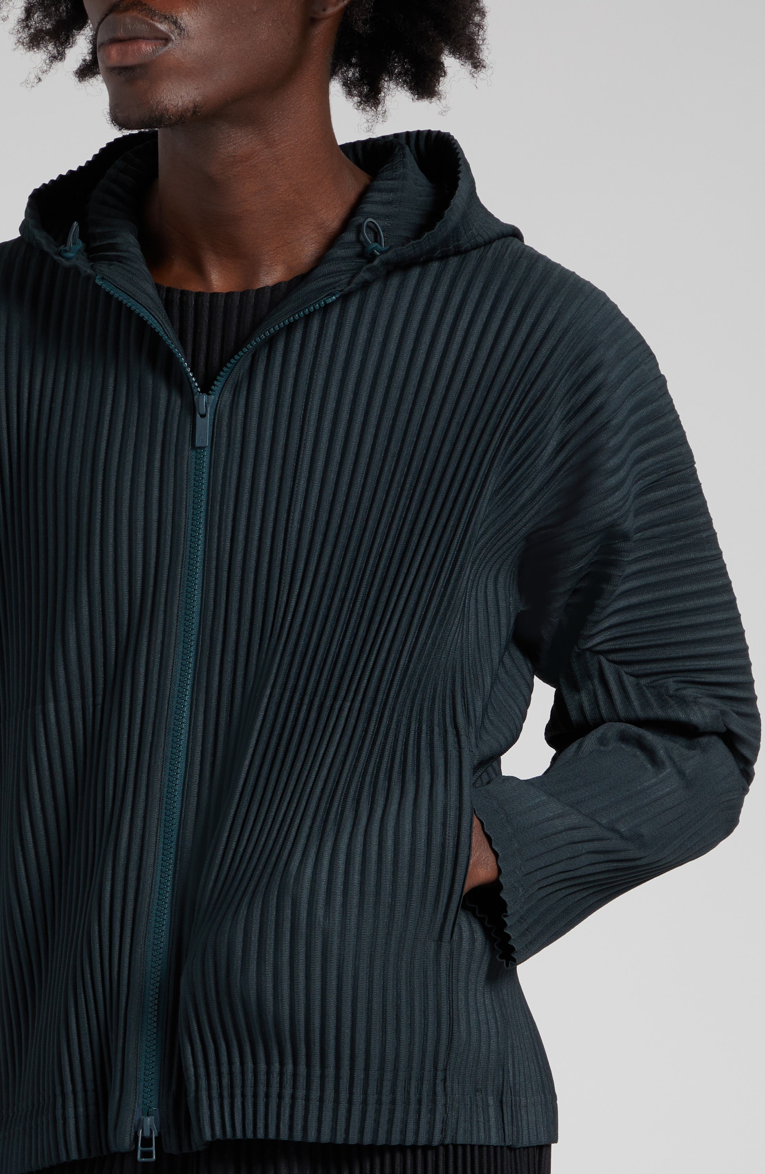 Homme Plissé Issey Miyake Pleated Zip-Up Hoodie in Dark Green