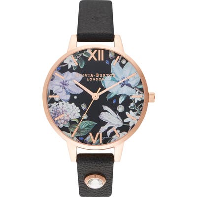 Olivia Burton Bejewelled Floral Leather Strap Watch,