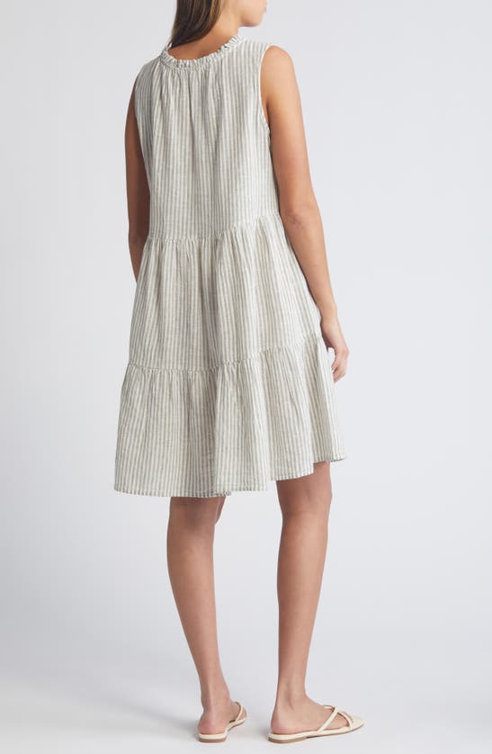 Shop Beachlunchlounge Belle Stripe Tiered Linen & Cotton Dress In Sage Leaves