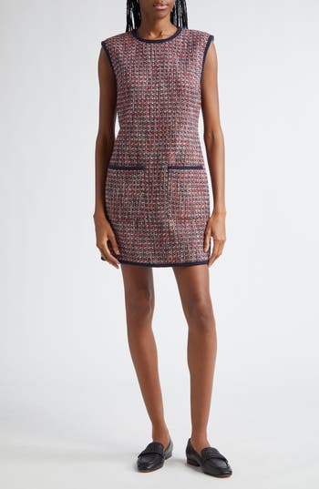 Veronica Beard Ravenna Sleeveless Metallic Cotton Tweed Minidress In Red Blaze/navy Multi