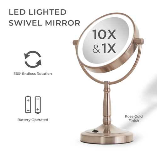 Zadro Lighted Makeup Mirror With 10x/1x Magnifications & Cordless In Rose Gold