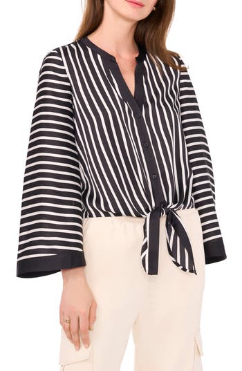 HALOGEN HALOGEN® STRIPE BELL SLEEVE TIE FRONT BUTTON-UP TOP