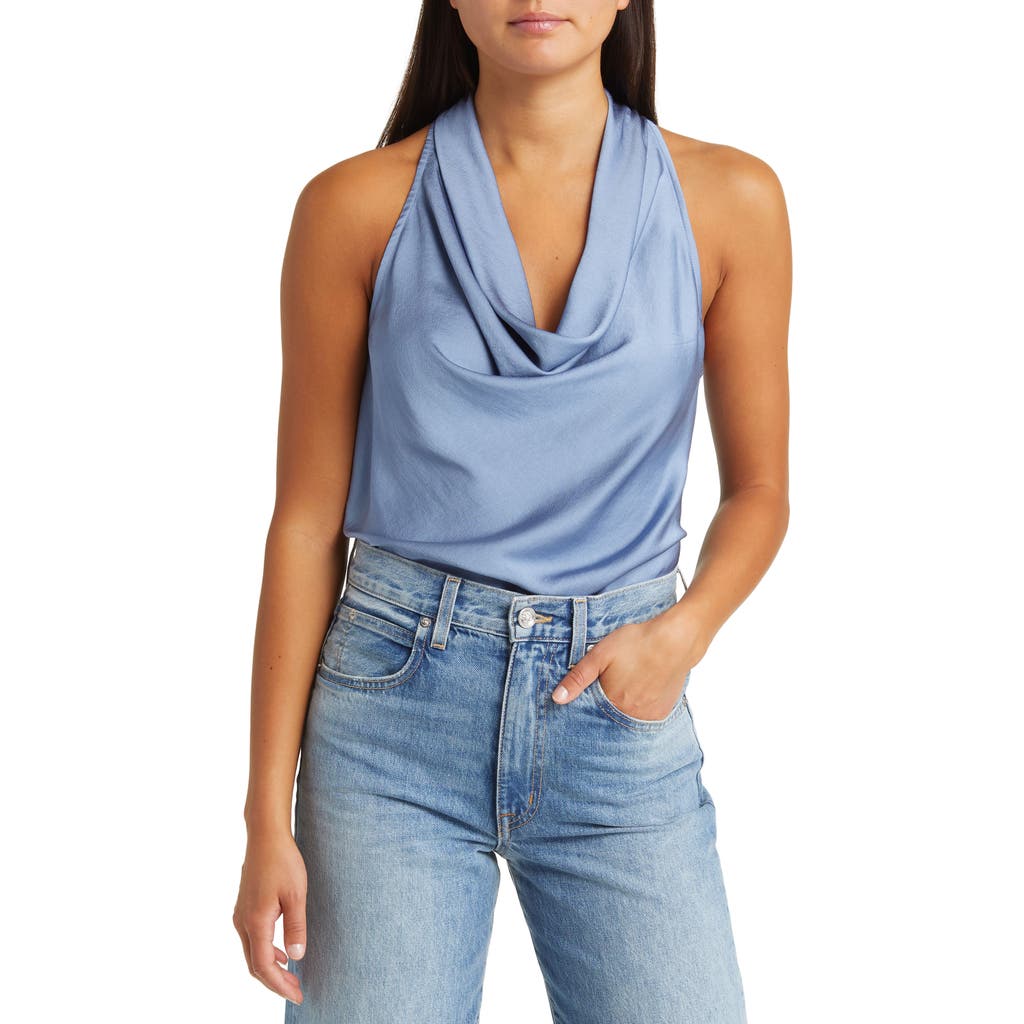 Open Edit Cowl Neck Satin Tank In Blue Infinity