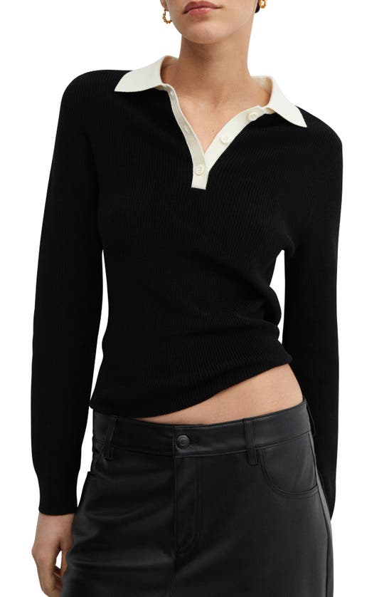 Shop Mango Contrast Trim Rib Polo Sweater In Black