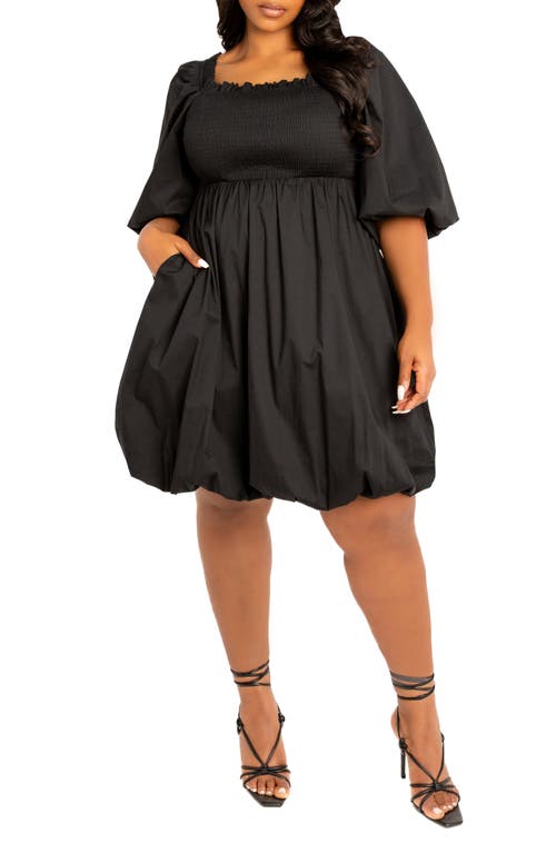 Buxom Couture Plus Size Smocked Puff Sleeve Bubbled Dress In Black