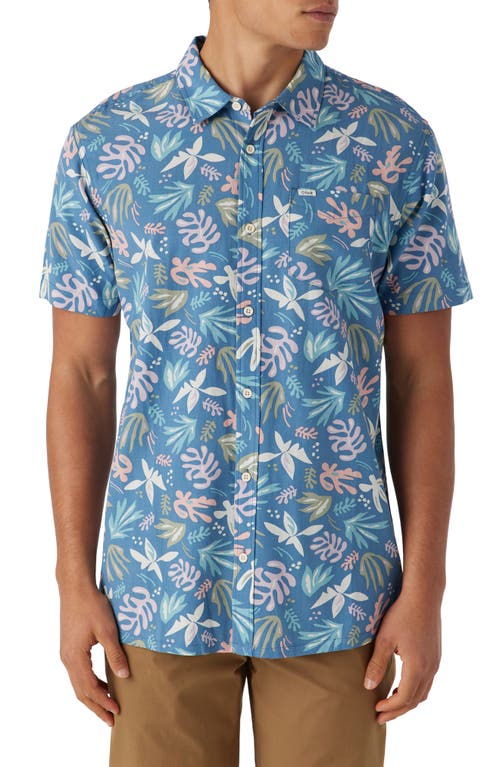 Floral Print Short Sleeve Button-Up Shirt in Blue
