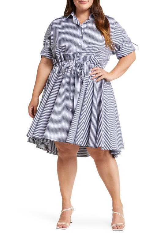 Meadow Tie Front Fit & Flare Shirtdress in Navy Stripes