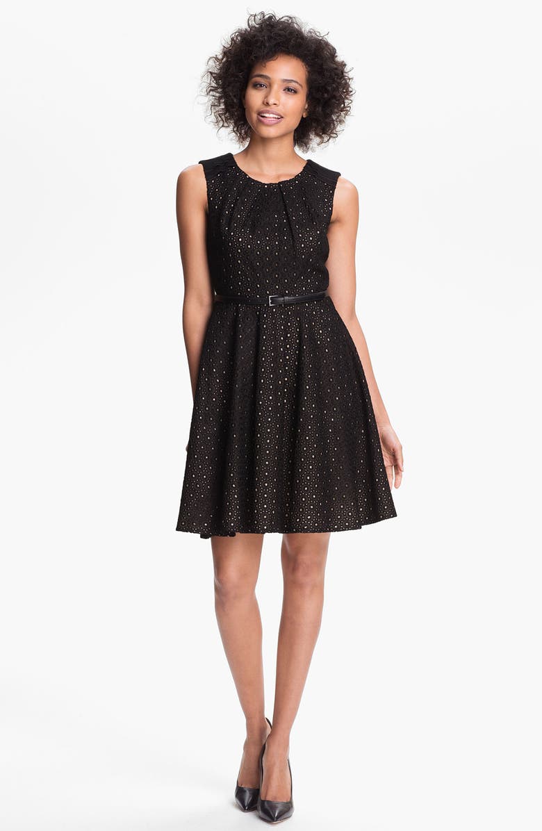VINCE CAMUTO Lace Fit & Flare Dress, Main, color, BLACK/ LIGHT KHAKI