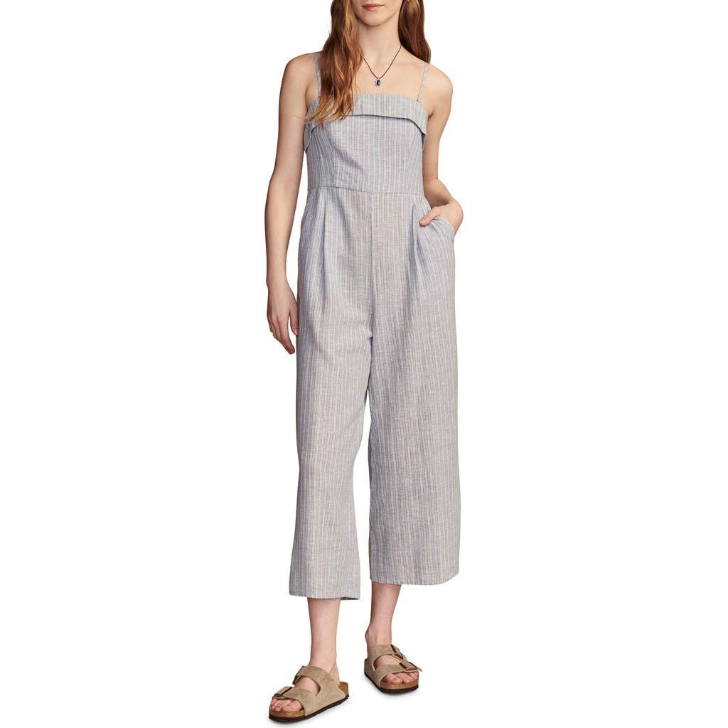 Lucky Brand Women's Strapless Linen Overlay Jumpsuit In Blue Jewel Stripe