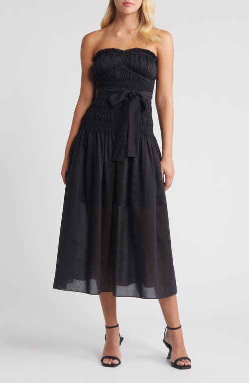 MOON RIVER Smocked Strapless Midi Dress Black at Nordstrom,