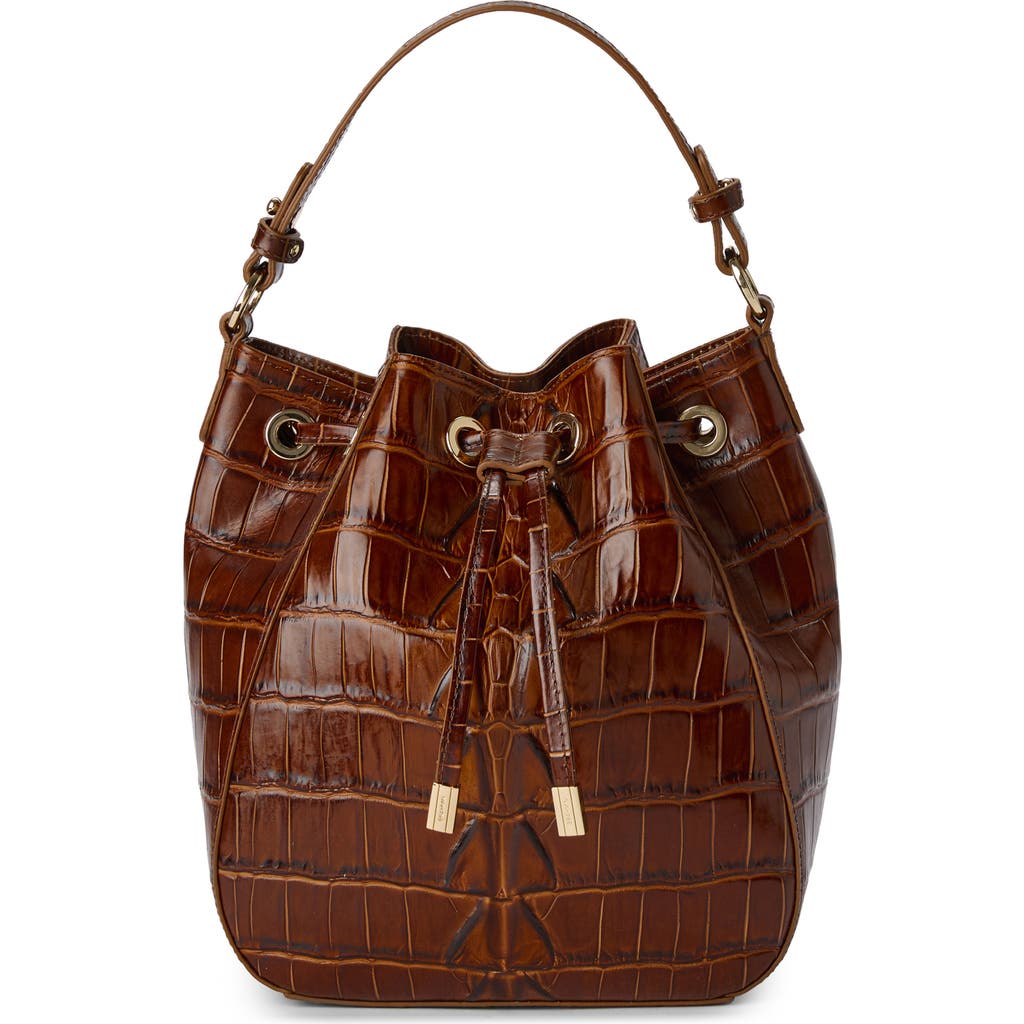 Brahmin Melinda Croc Embossed Leather Bucket Bag in Chestnut