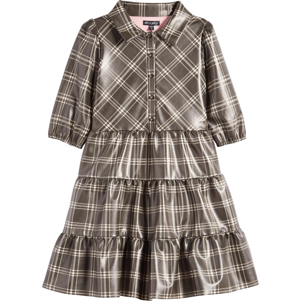 Shop Ava & Yelly Kids' Plaid Faux Leather Shirtdress In Grey Plaid
