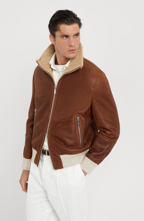 Shop Brunello Cucinelli Nappa Shearling Bomber Jacket In Chocolate