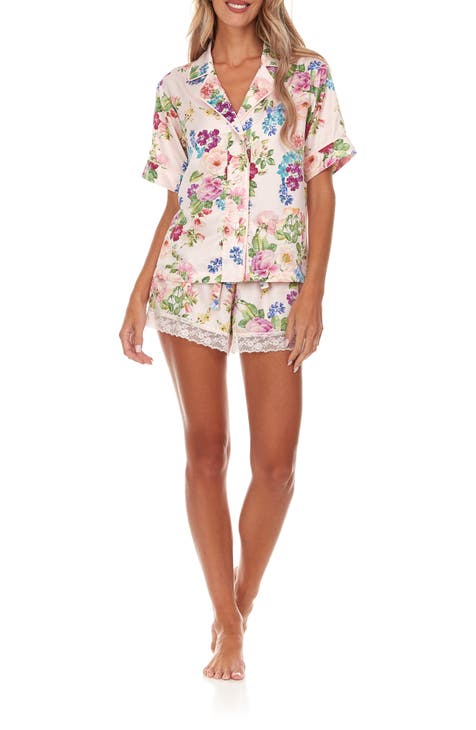 Satin Shorts Ruffle Trim Pajama PJ Adult Women Sleepwear