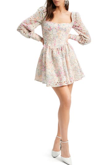 Bardot Lila Floral Eyelet Corset Long Sleeve Minidress In Pastel Floral