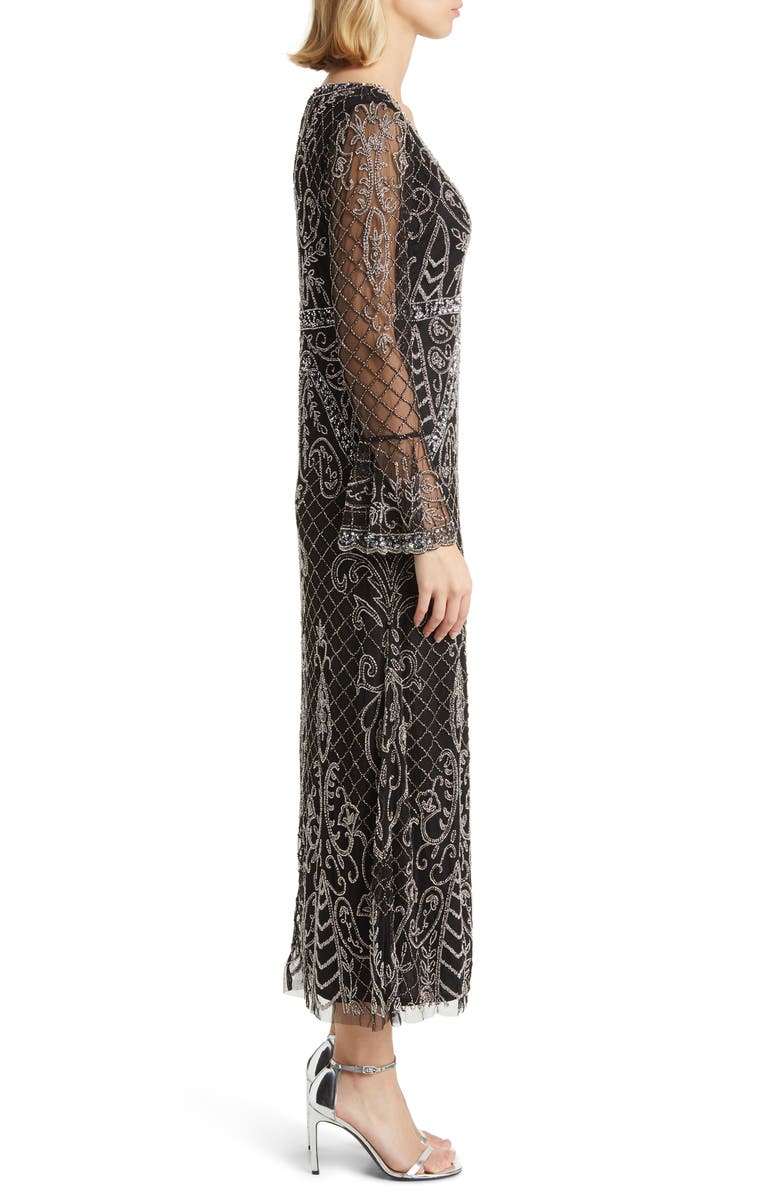 Pisarro Nights Beaded Long Sleeve Gown, Alternate, color, Black/ Silver 013