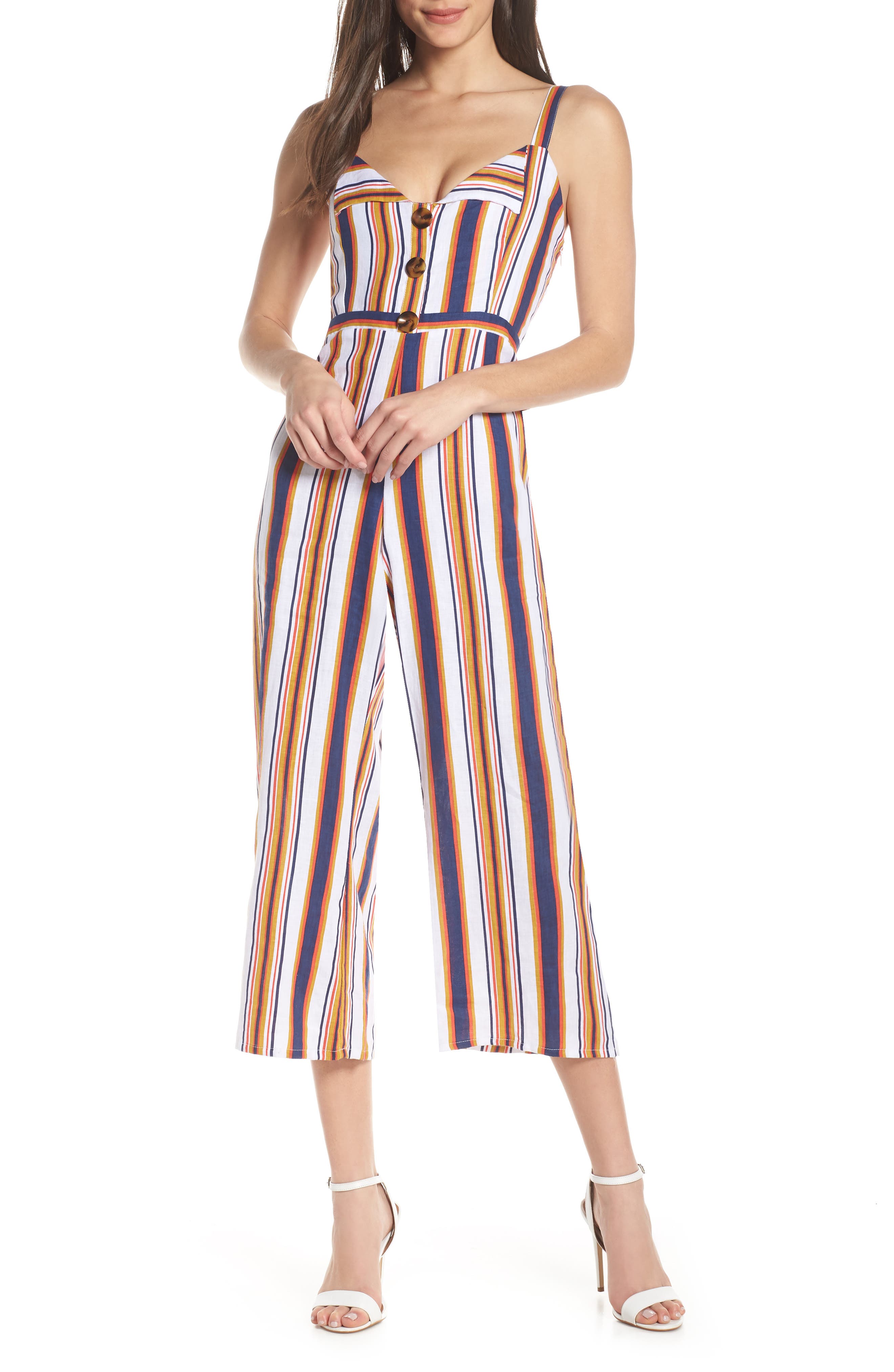Faithfull The Brand Scout Stripe Sleeveless Linen Jumpsuit, Blue