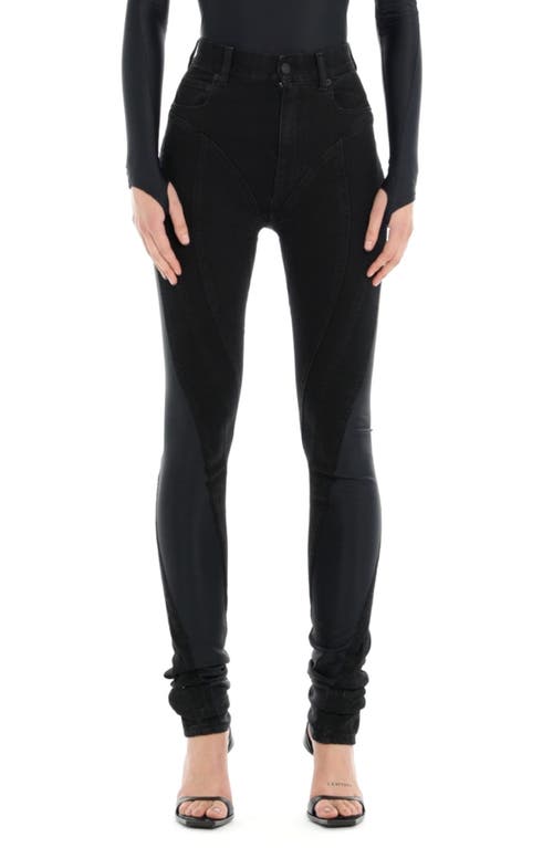 Spiral High Waist Denim & Jersey Skinny Jeans in Black/Black