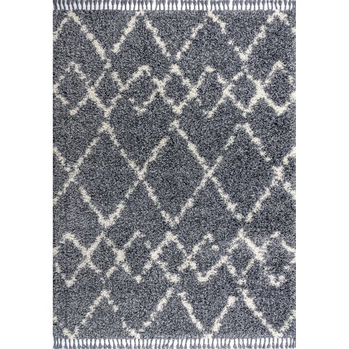 Jonathan Y Mercer Shag Plush Tassel Moroccan  Geometric Trellis Area Rug In Blue/cream