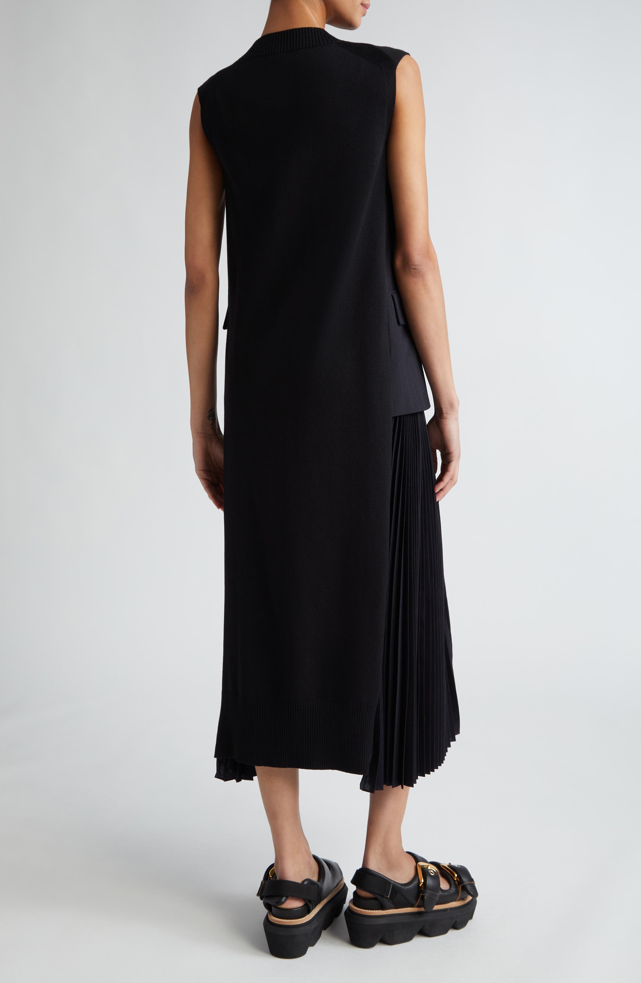 Sacai Chalk Stripe Mixed Media Sweater Dress in Navy | Smart Closet