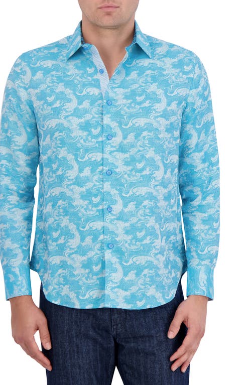 Robert Graham Poseidon Linen & Cotton Jacquard Button-Up Shirt Turquoise at Nordstrom,