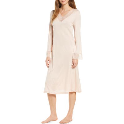 Hanro Imani Lace Trim Long Sleeve Nightgown, Beige