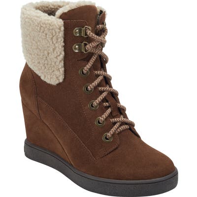 Evolve Everett Hidden Wedge Bootie With Faux Shearling Trim, Brown