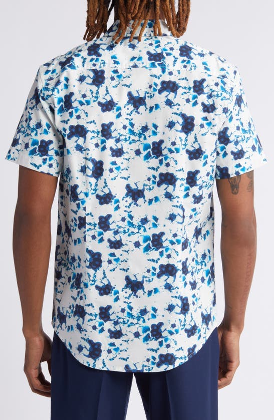 Shop Open Edit Floral Short Sleeve Stretch Cotton Button-up Shirt In Blue Xenon Fleur
