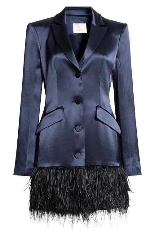 Shop Cinq À Sept Joel Feather Hem Long Sleeve Satin Blazer Minidress In Navy