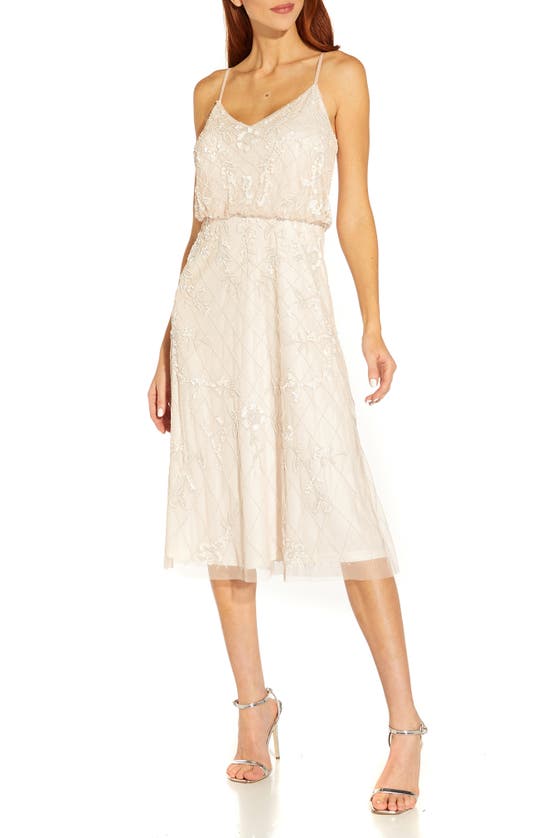 Adrianna Papell Beaded Blouson Cocktail Midi Dress In Shell Ivory