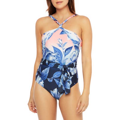 La Blanca Ombre Print Belted One-Piece Swimsuit, Blue