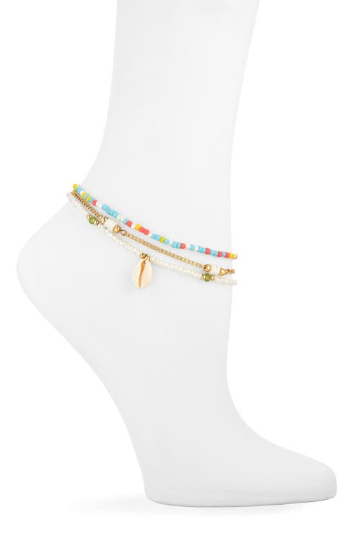 Set of 3 Beaded Anklets in Gold- Multi