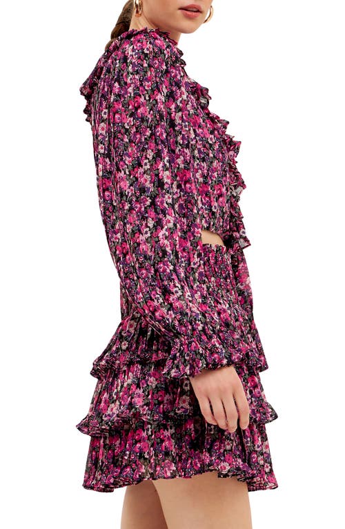 Shop Endless Rose Floral Ruffle Wrap Crop Top In Black/fuchsia
